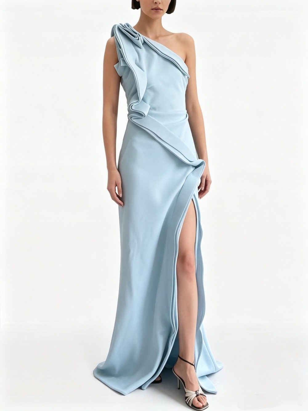 Rachel Gilbert Wilder Icy Blue Ruffle One-Shoulder High Slit Gown AU8/US4 NWOT